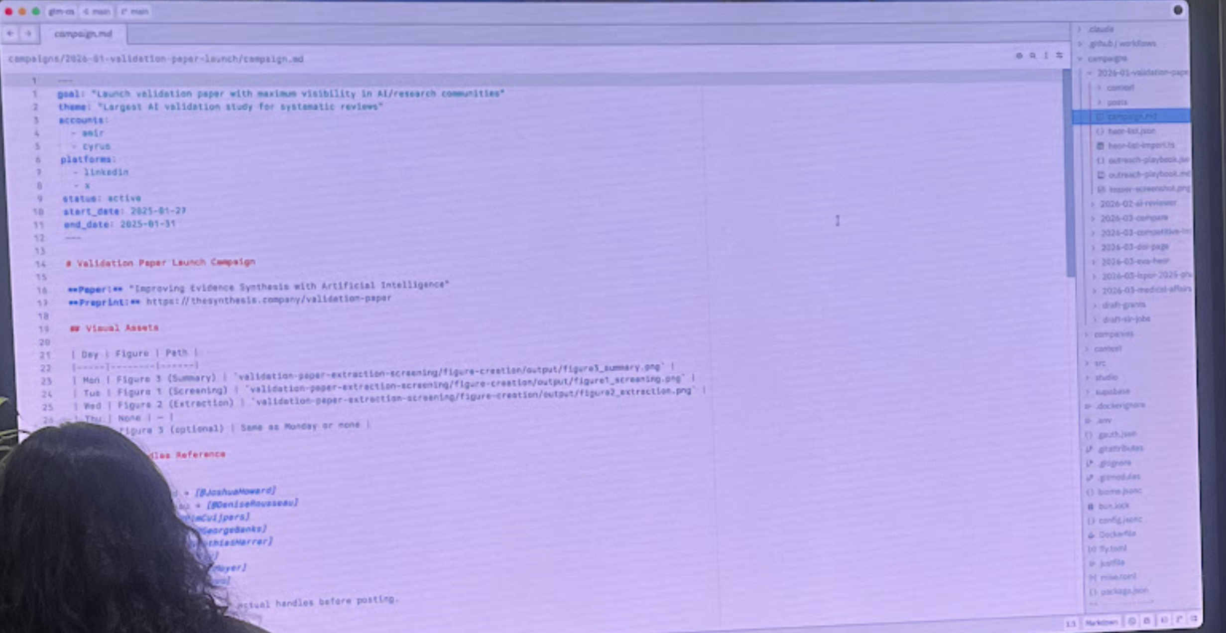 Cyrus's campaign YAML file showing outbound campaign configuration with target personas and messaging