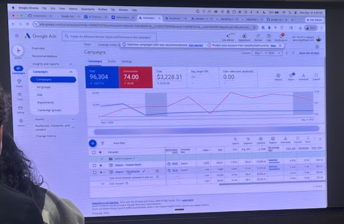Wider view of the Google Ads campaigns dashboard with two active campaigns