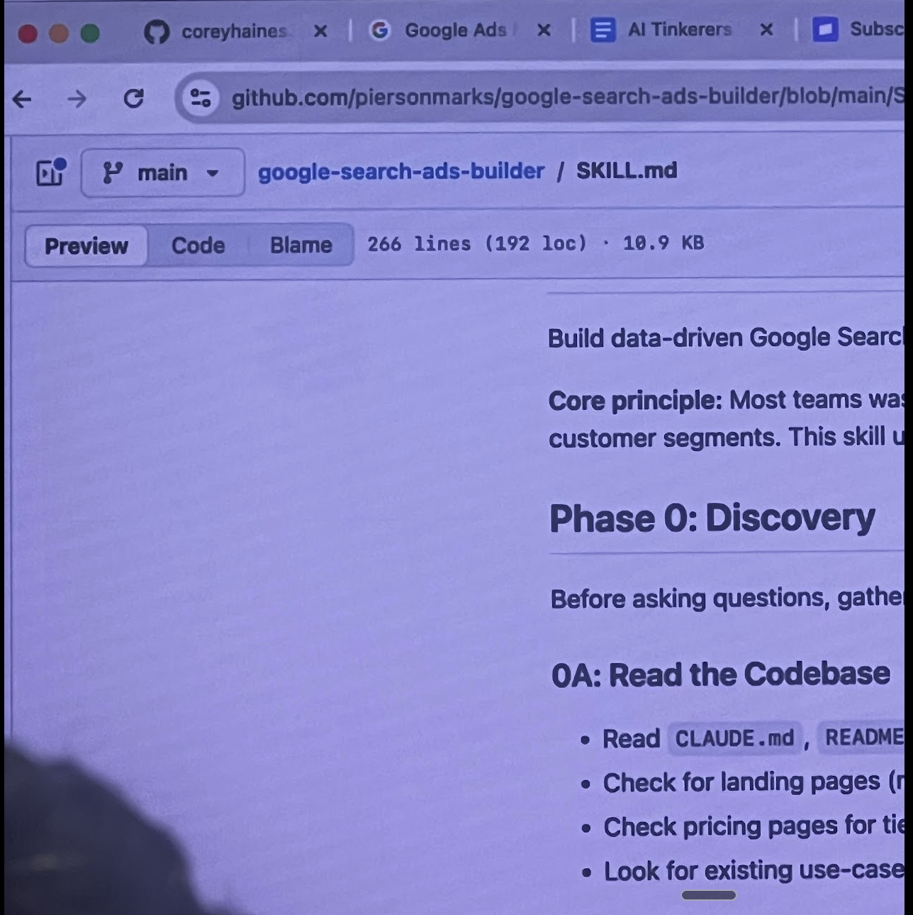 GitHub: google-search-ads-builder SKILL.md showing Phase 0: Discovery